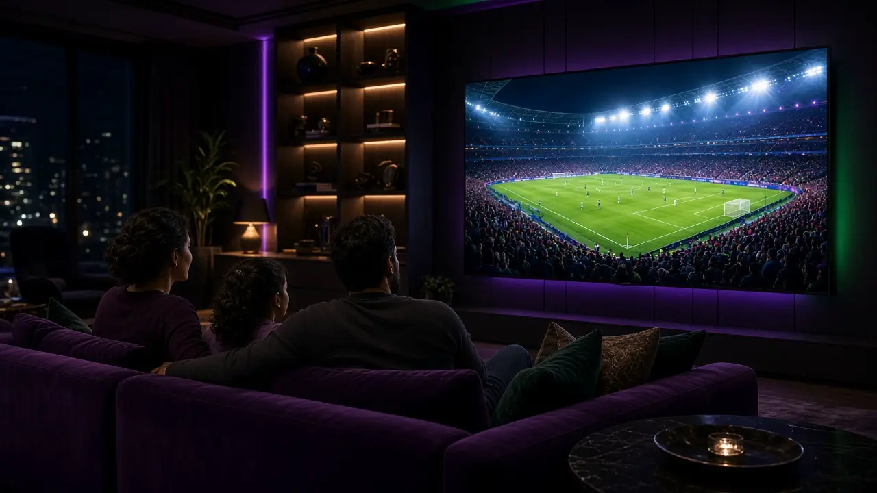 Família assistindo futebol numa TV grande à noite